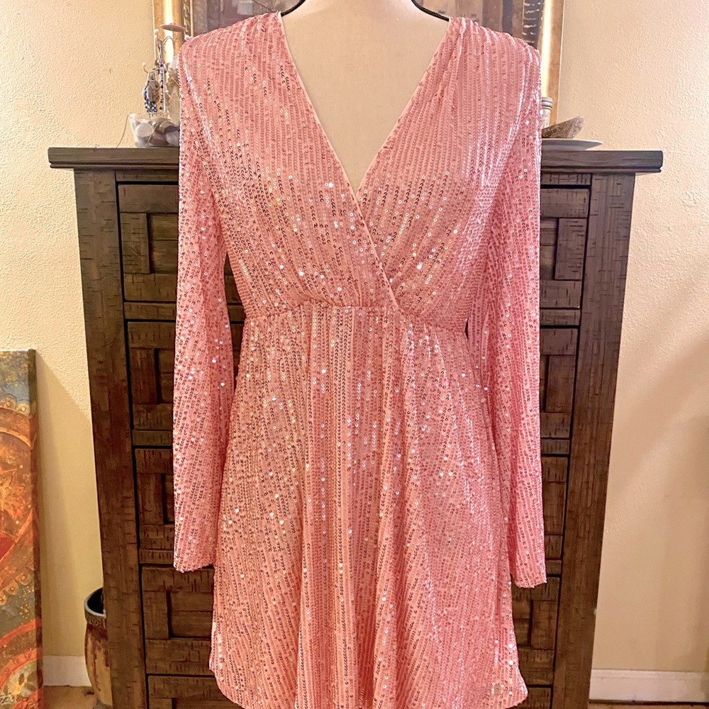 D&M Long Sleeve Mini Short Mesh Sequin Party Dress